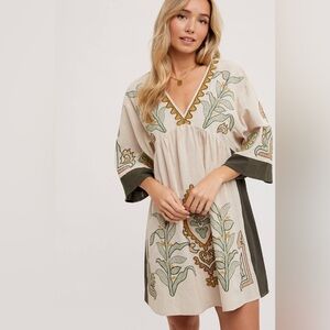 Zara Beige Embroidered Floral Tunic with Green Accents